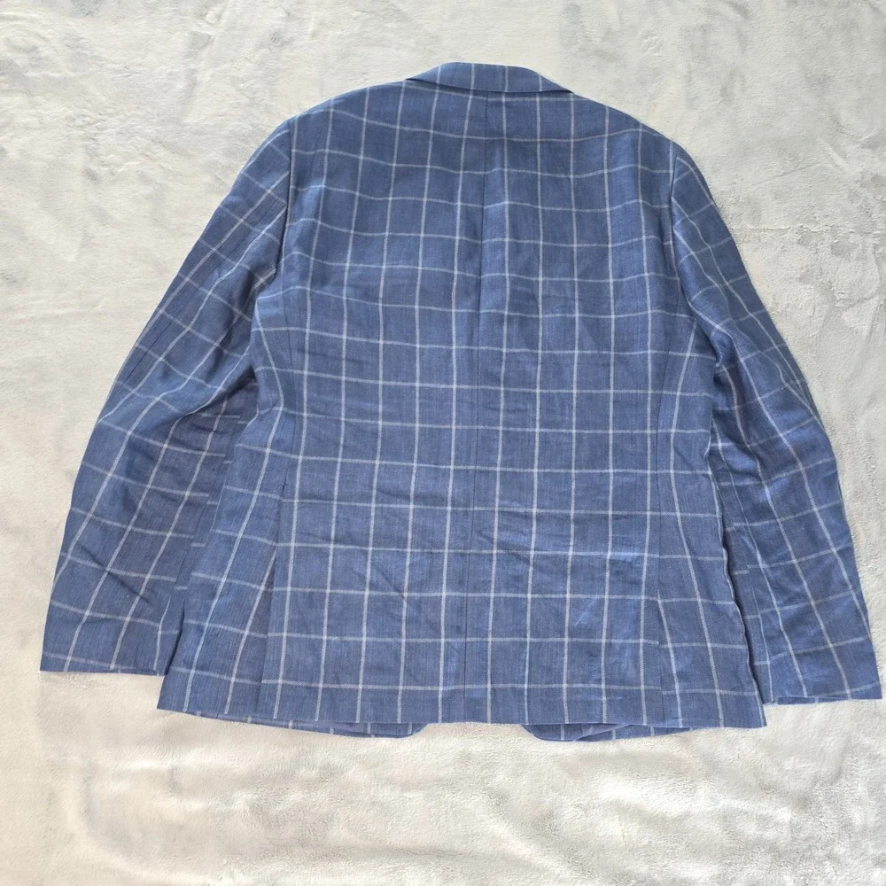 Ralph Lauren 100% Linen Blazer Mens 46L, Blue‎ Windowpane Plaid, 2 Button, Notch